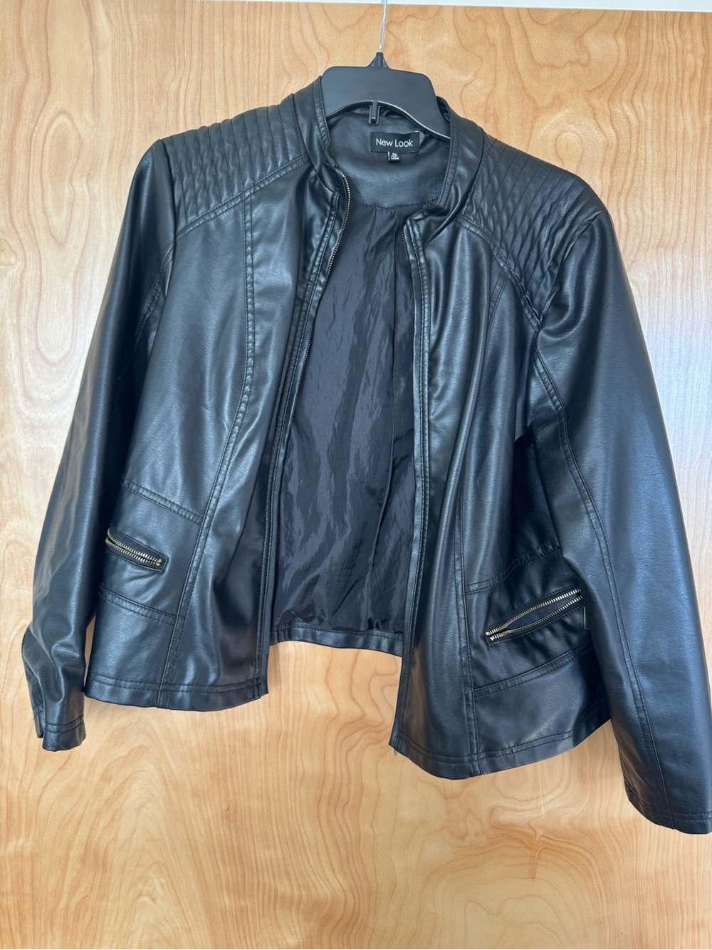 New Look Black Faux Leather Moto Biker Jacket Quilted Shoulder Plus Size 2X